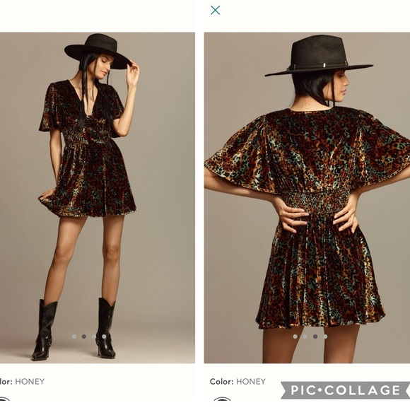 NWT new medium Anthropologie short sleeve velvet mini dress animal print flutter - Picture 1 of 15